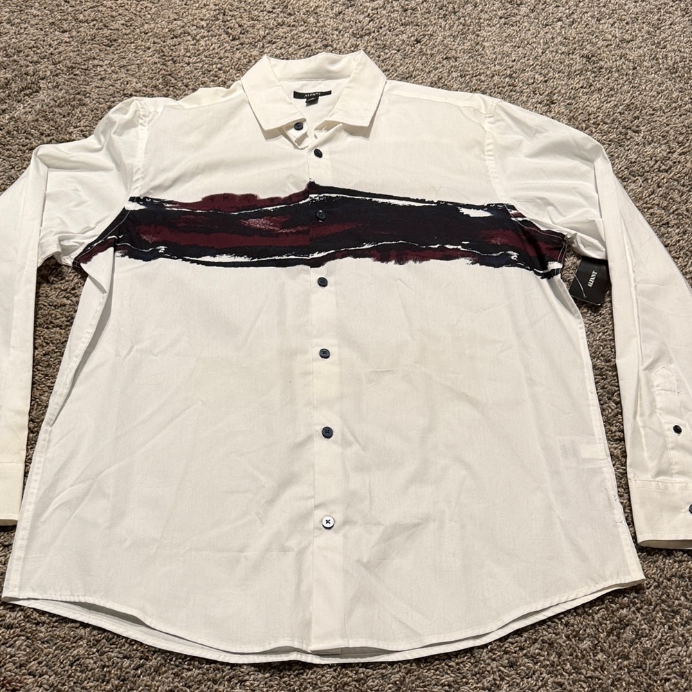 Alfani Men's White Shirt with Navy Blue and Red Accents